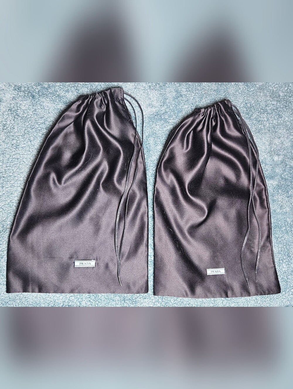 Pair 2 Prada Drawstring Dust Bags Authentic Black Silky Ribbon Blue Patch Purse